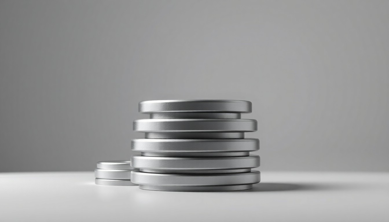 A high-end, photorealistic studio still-life photograph featuring a stack of premium, polished metal discs or cubes in shades of silver and grey, conceptually representing the abstract concepts of corporate strategy, finance, and market performance.