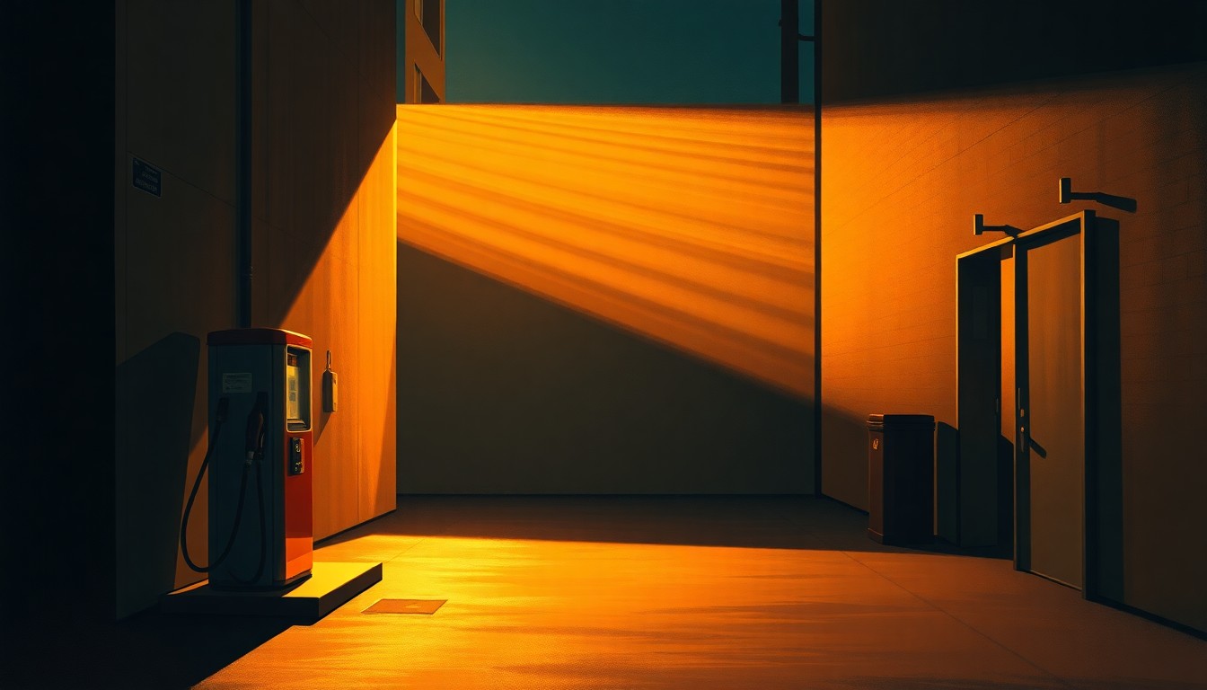 A photorealistic painting of a lone gas pump in a dimly lit urban alleyway, with warm sunlight casting deep shadows across the scene, conceptually representing the economic challenges facing Las Vegas residents despite the tax reform measures.