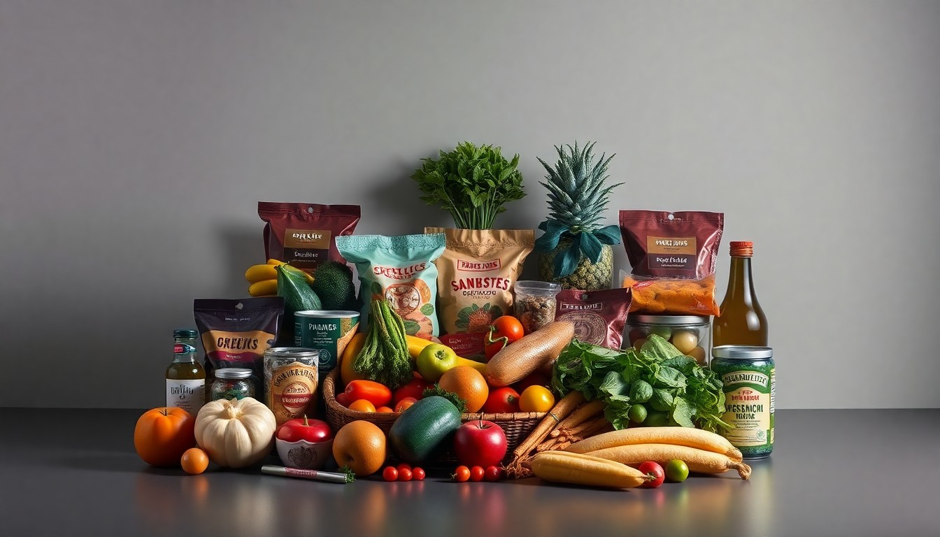 A high-end, photorealistic studio still-life photograph featuring a carefully arranged composition of premium grocery items from Trader Joe's, including fresh produce, specialty snacks, and unique pantry staples, all set against a clean, monochromatic background with dramatic lighting and deep shadows.