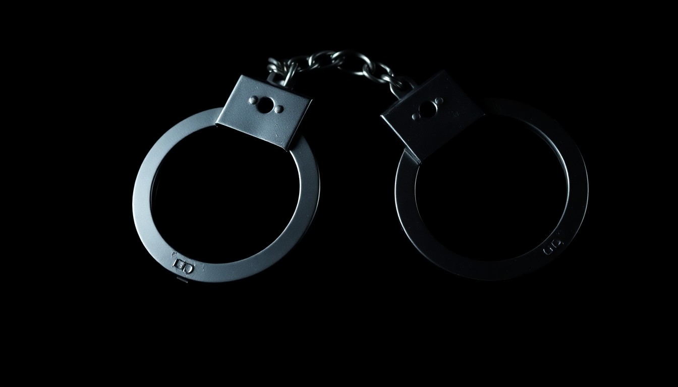 An extreme close-up photograph of a pair of metal handcuffs against a stark black background, conveying a sense of law enforcement action and investigation into a serious crime.