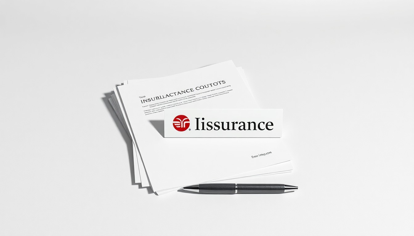 A minimalist studio still life photograph featuring a stack of insurance documents, a pen, and a nameplate with the Erie Insurance logo, all arranged elegantly on a clean, monochromatic background using dramatic lighting to symbolize the company's corporate strategy.