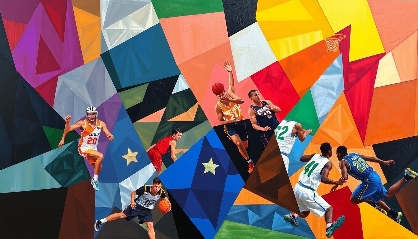 A cubist-style painting featuring overlapping geometric shapes and planes in bright, vibrant colors, representing the energy and excitement of high school athletes signing with college teams.