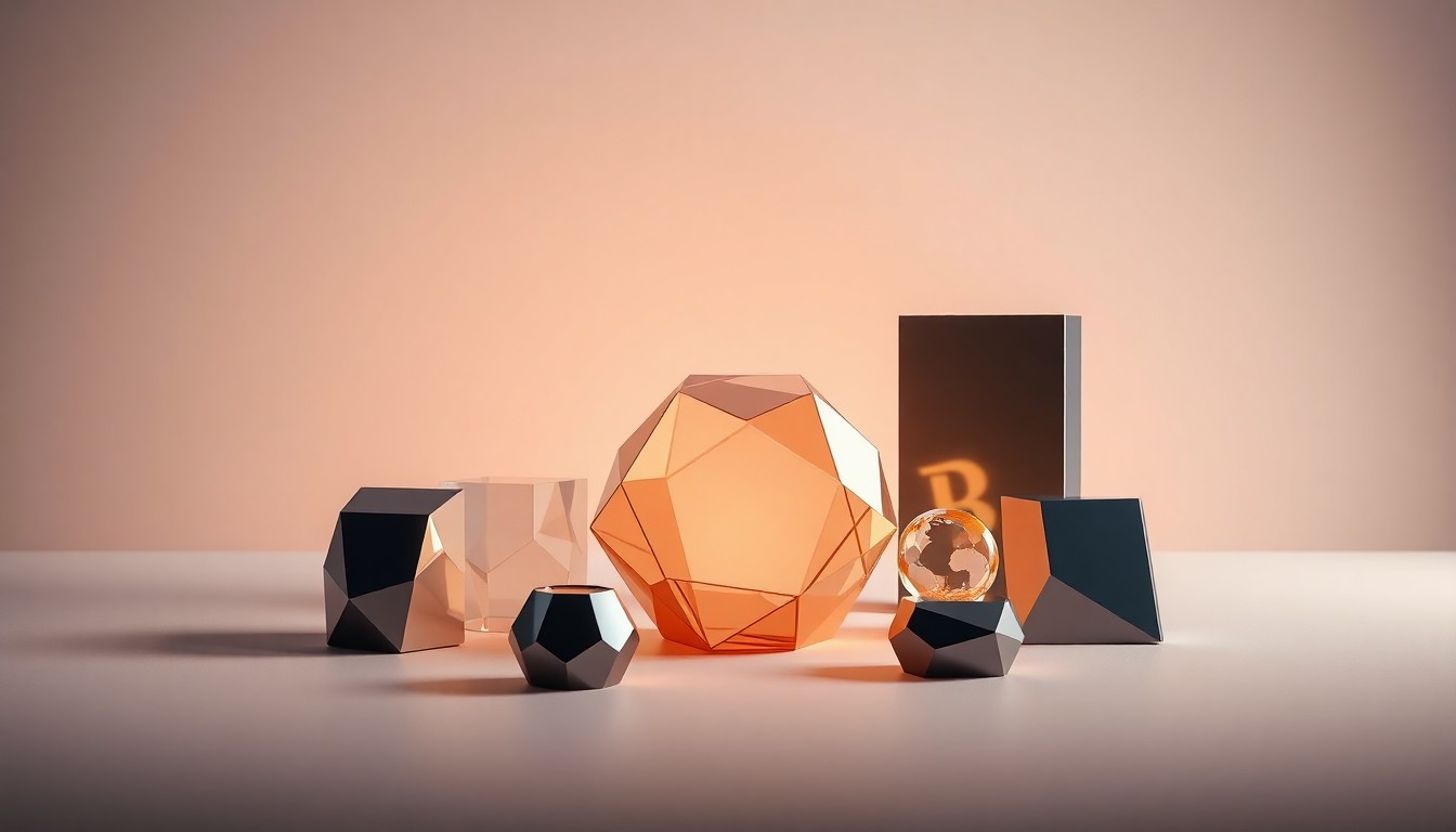 A high-end, photorealistic studio still-life photograph featuring a collection of premium, polished geometric objects arranged elegantly on a clean, monochromatic seamless background. The objects symbolize the abstract concepts of corporate strategy, finance, and economic competitiveness, conveying a sense of gravitas and importance through dramatic studio lighting and deep shadows.