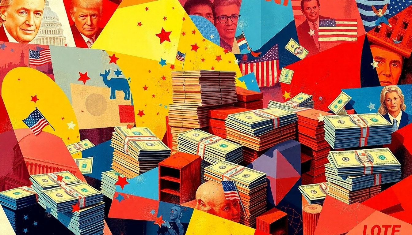 A dynamic, abstract painting composed of overlapping, fractured geometric shapes and waves of bright red, blue, and yellow hues, conceptually representing the competitive and fast-paced nature of political fundraising for the upcoming midterm elections.