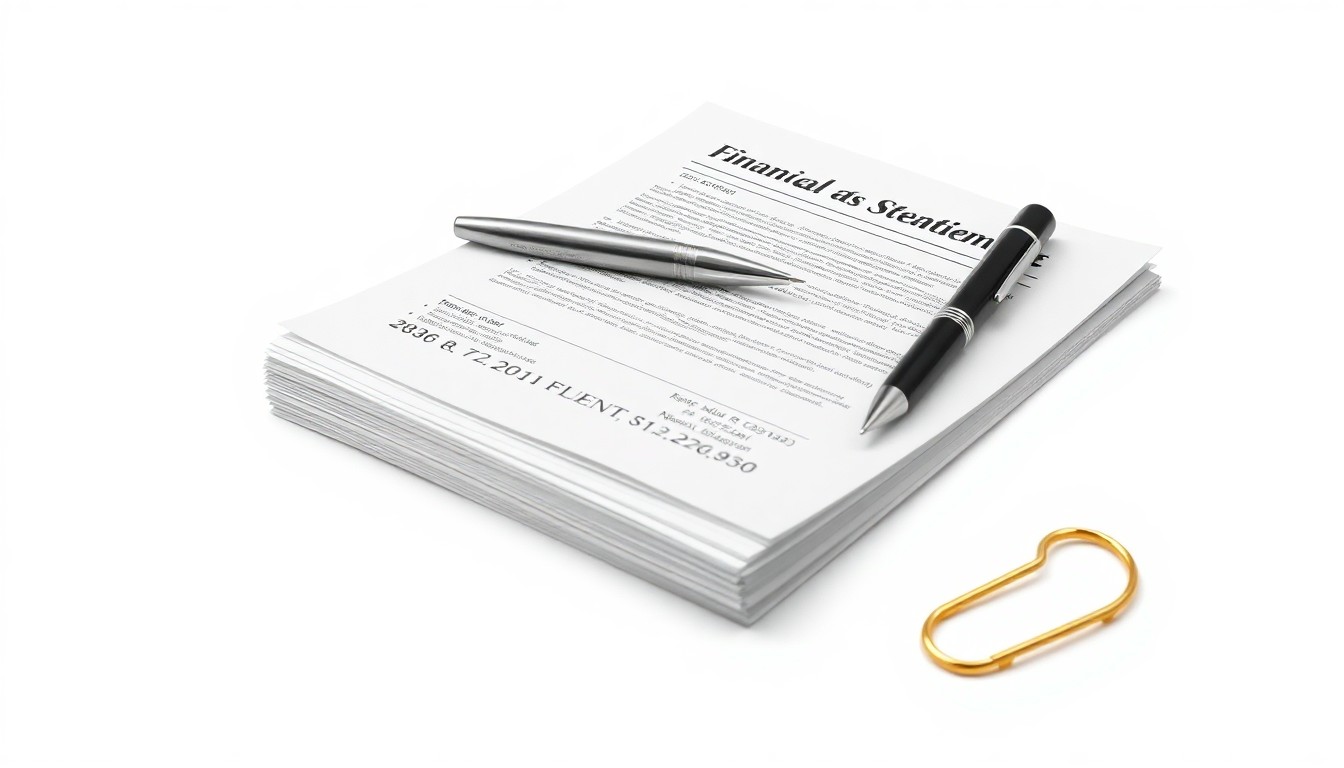 A minimalist studio still life photograph featuring a stack of bank statements, a metal pen, and a brass paperclip arranged on a clean white background, conceptually representing the financial services coming to the Valley Ranch Town Center.