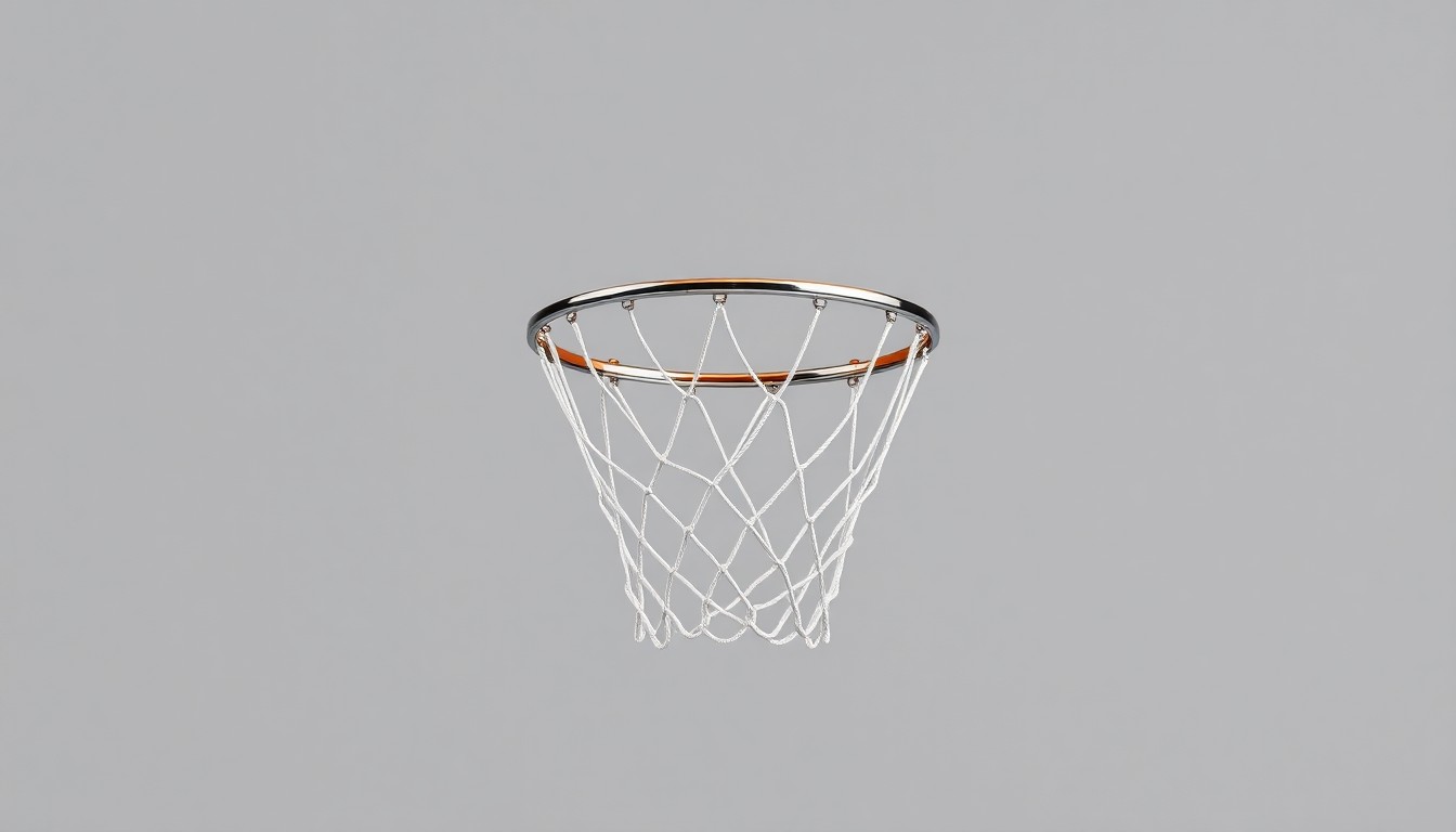 A photorealistic studio still life featuring a sleek, modern basketball hoop and net floating on a clean, monochromatic grey background, symbolizing the tension between the professional sports industry and the public good.