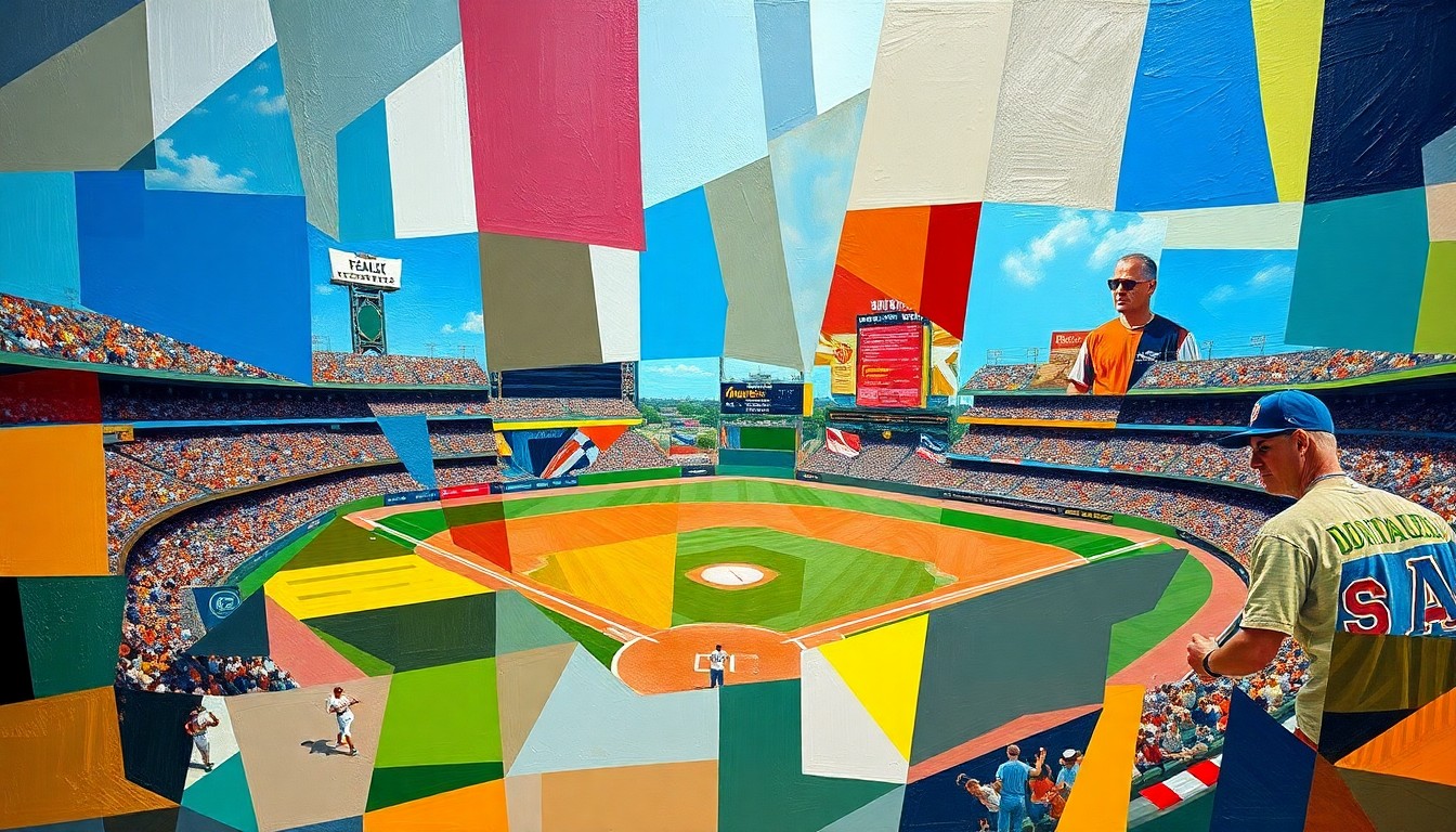 A cubist-style painting depicting a baseball game broken down into fragmented geometric shapes and planes of bright, clashing colors, conveying the chaos and tension of the White Sox's collapse in the 9th inning.