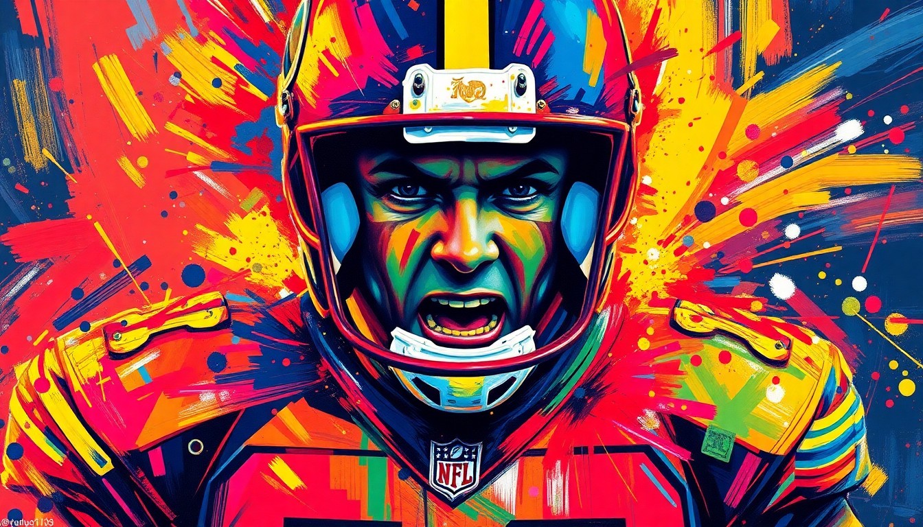 An abstract expressionist painting in neon colors, with rapid brushstrokes capturing the raw emotion and energy of a football player, their face and uniform dissolving into unrecognizable splatters of paint.