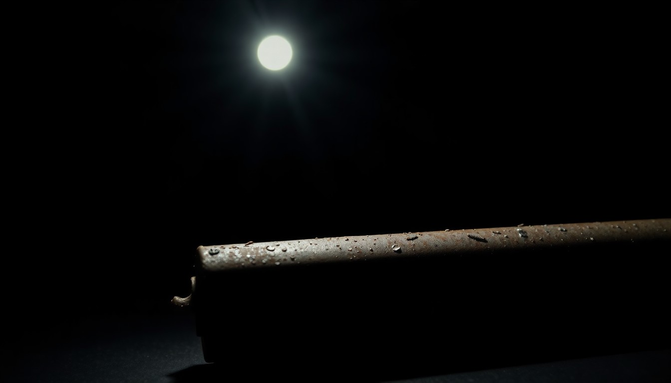 An extreme close-up photograph of a weathered, rusted metal object found at a crime scene, lit by a harsh, direct camera flash against a pitch-black background, creating a stark, gritty, investigative aesthetic.