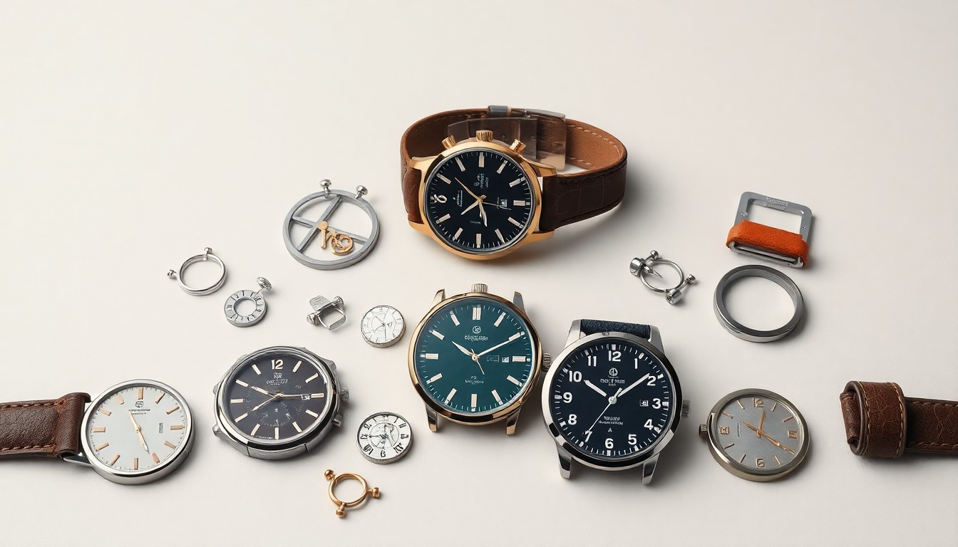 A high-end, photorealistic studio still-life featuring a collection of premium watch components and materials in polished metal, leather, and glass textures arranged elegantly on a clean, monochromatic seamless background, conceptually representing the craftsmanship and attention to detail that goes into Tsao Baltimore's locally-inspired watch designs.