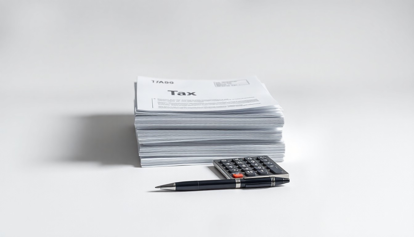 A minimalist, high-contrast studio still life featuring a stack of tax forms, a calculator, and a pen, symbolizing the abstract concept of corporate tax strategy and financial responsibility.