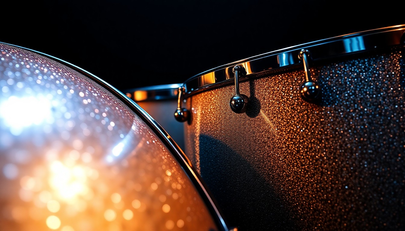 An extreme close-up photograph of the textured, shimmering surface of a conga drum, captured in dramatic high-contrast lighting to create a conceptual, glamorous representation of the artist's early percussion roots.
