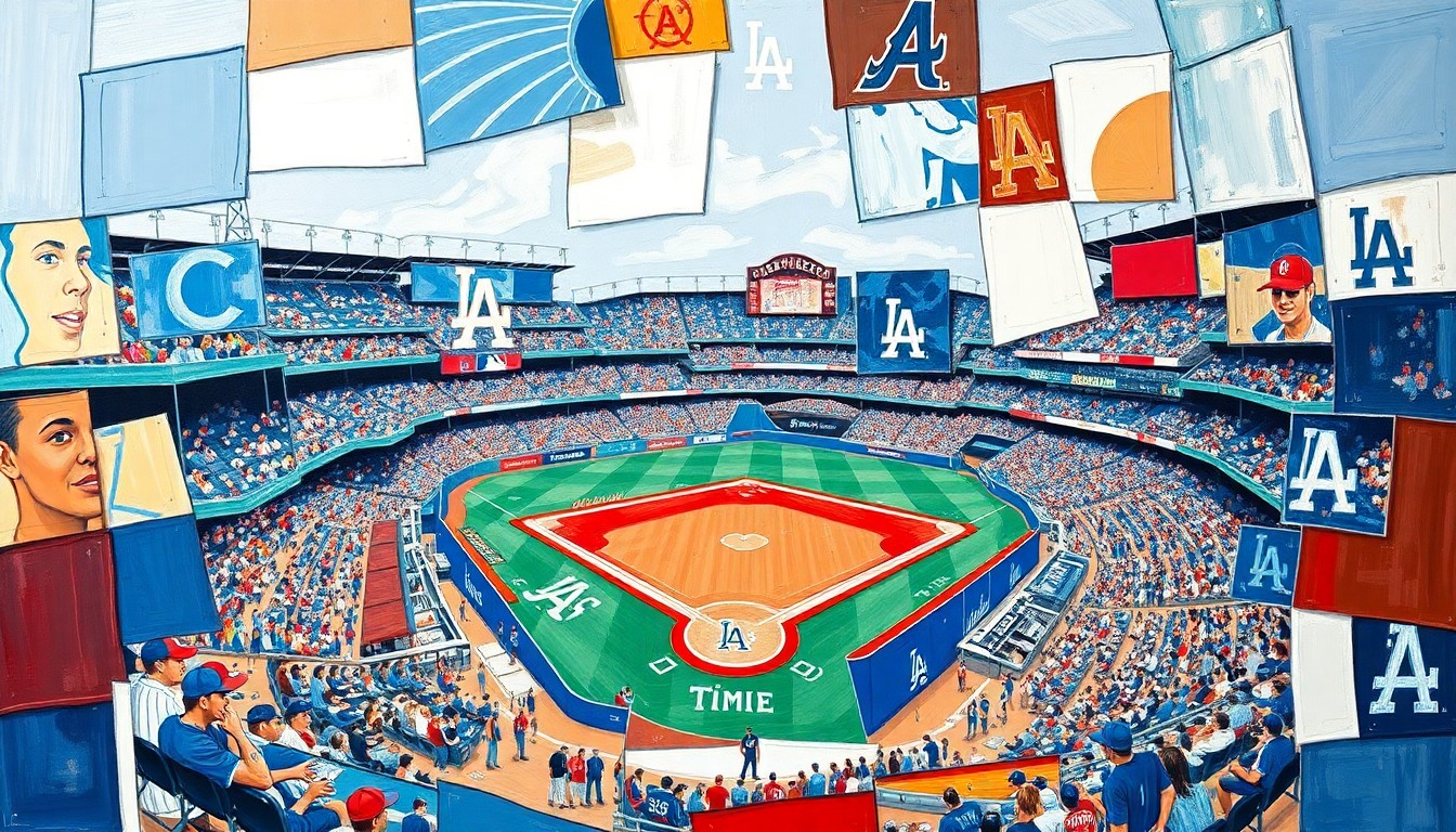 A cubist-style painting featuring fragmented, geometric shapes in shades of blue, white, and red, conceptually representing the financial disparity in Major League Baseball.