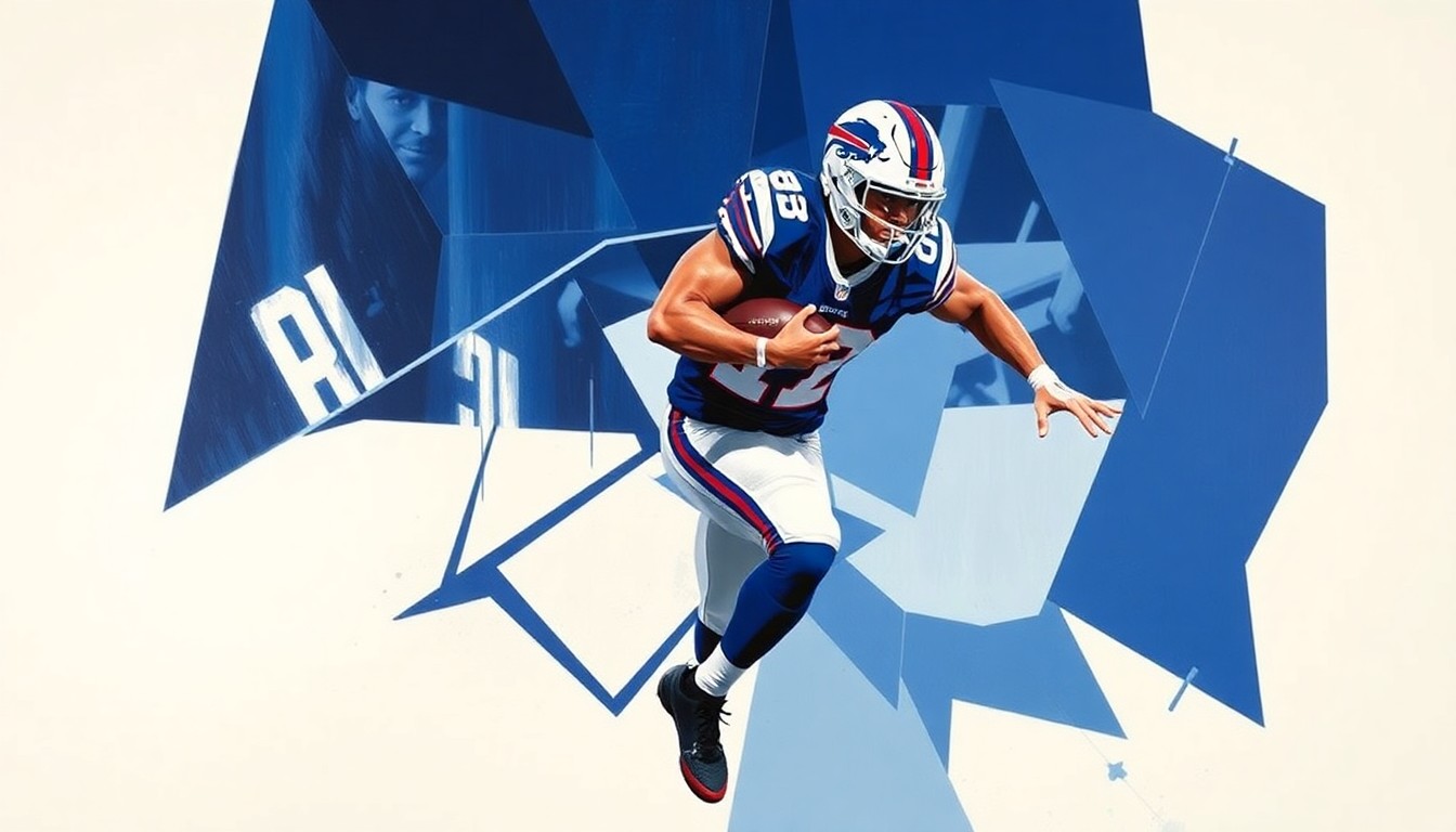 A cubist, geometric painting depicting a football player in motion, with sharp, overlapping planes of navy blue, royal blue, and white representing the Buffalo Bills' colors and style of play.