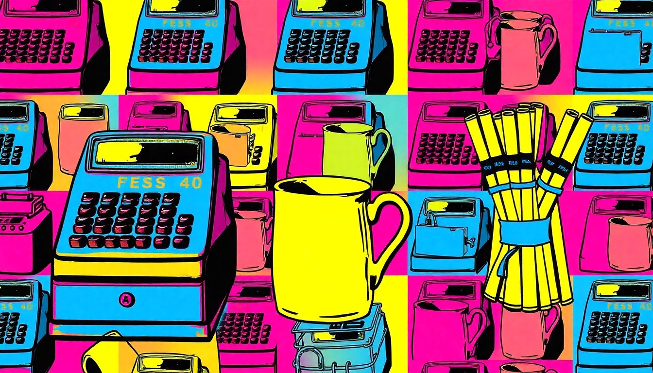 A bold, colorful silkscreen print featuring repeated images of a vintage cash register, a handmade ceramic mug, and a bundle of artisanal candles, conveying the eclectic mix of shops and locally crafted products available in downtown Crockett.