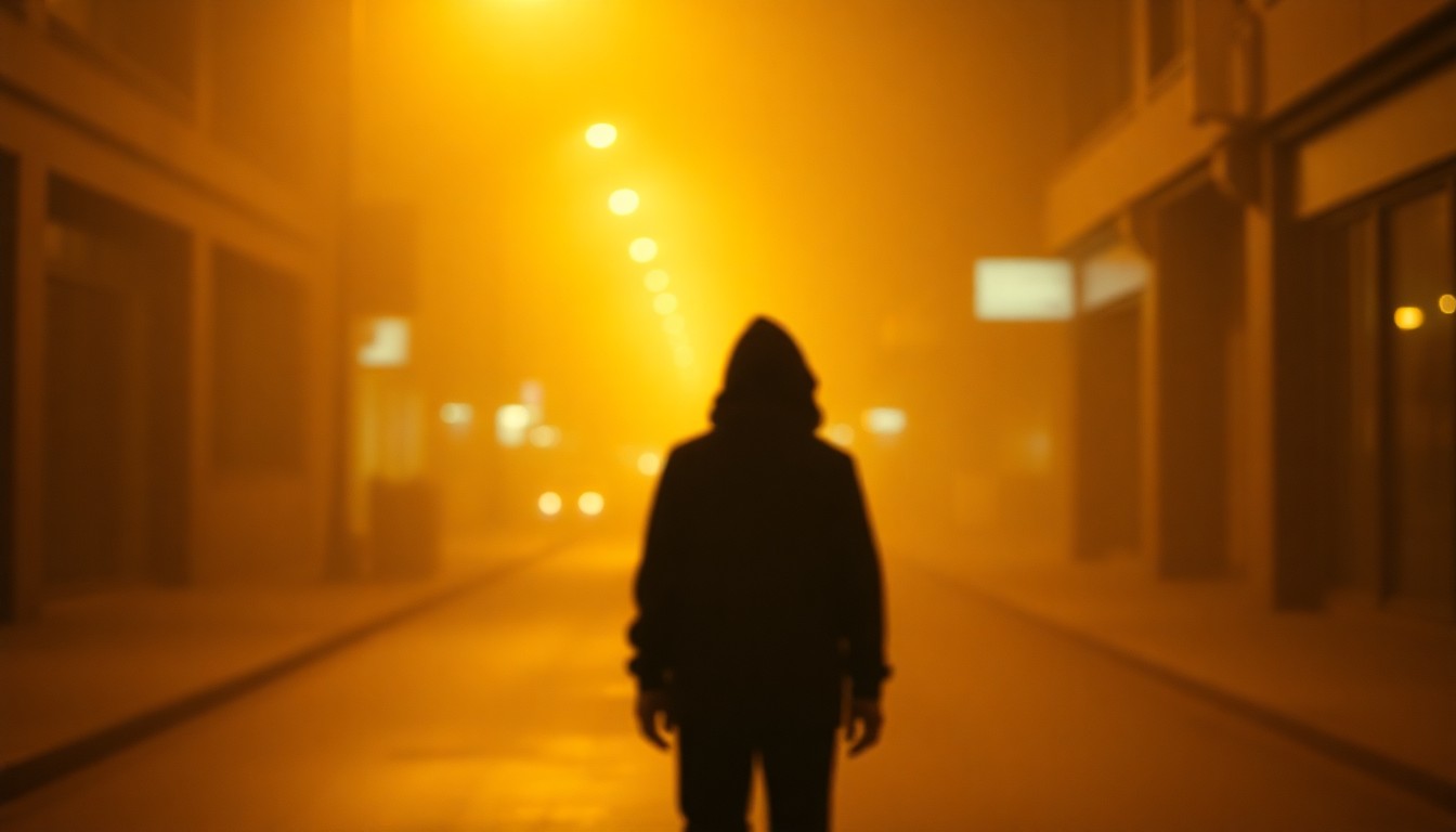 An abstract, out-of-focus photograph in soft, warm tones depicting a solitary figure standing in a dimly lit urban setting, conveying a sense of isolation and contemplation.