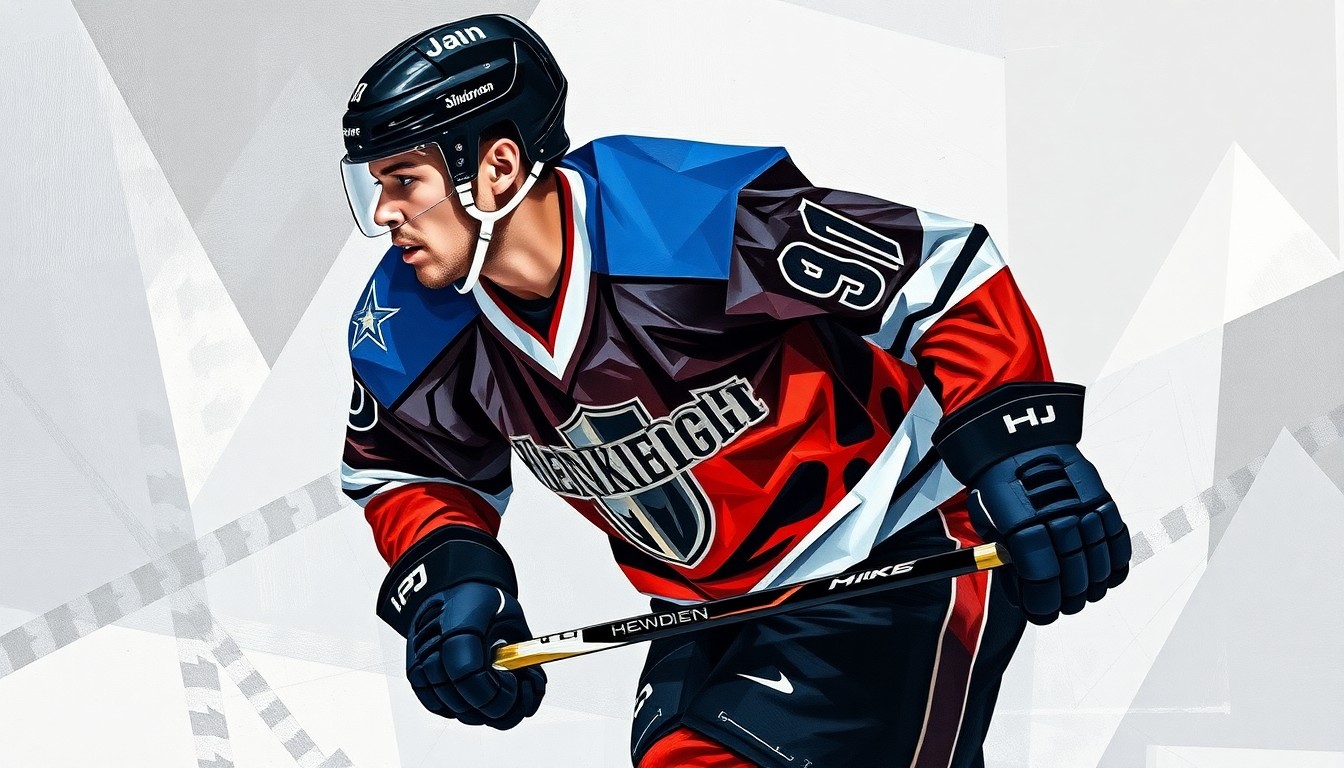 A fractured, geometric painting depicting a hockey player in motion, with the player's jersey featuring the colors of the Henderson Silver Knights team.