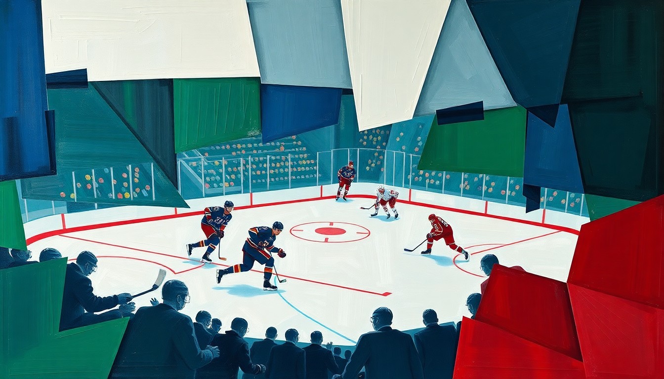 A cubist, geometric painting depicting a fragmented hockey match, with sharp planes of navy, green, and red overlapping to create a dynamic, abstract scene.