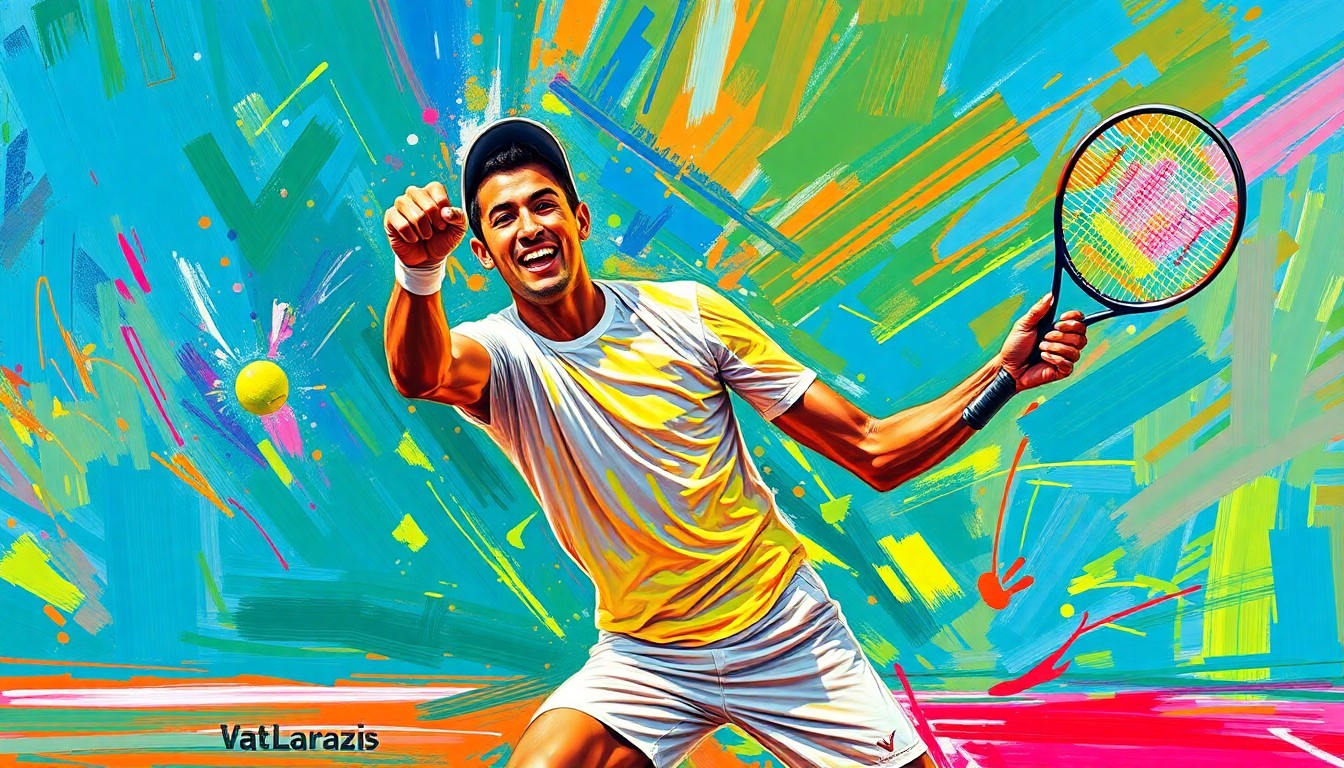 A dynamic, colorful painting depicting the energetic movements and expressions of a tennis player, conveying the raw emotion and joy of the sport.