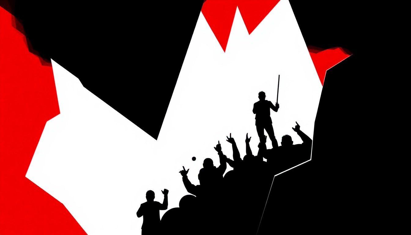 A bold, abstract composition of jagged black silhouettes and high-contrast red and white geometric shapes, conceptually representing the fight against the Live Nation-Ticketmaster monopoly in the live music industry.