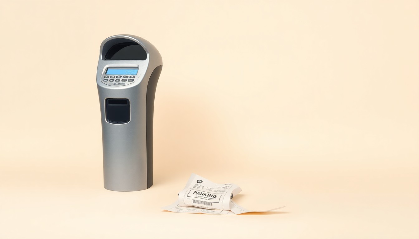 A photorealistic studio still life featuring a modern parking meter and a crumpled parking ticket, symbolizing the tensions around urban parking policies and the need for data-driven solutions.
