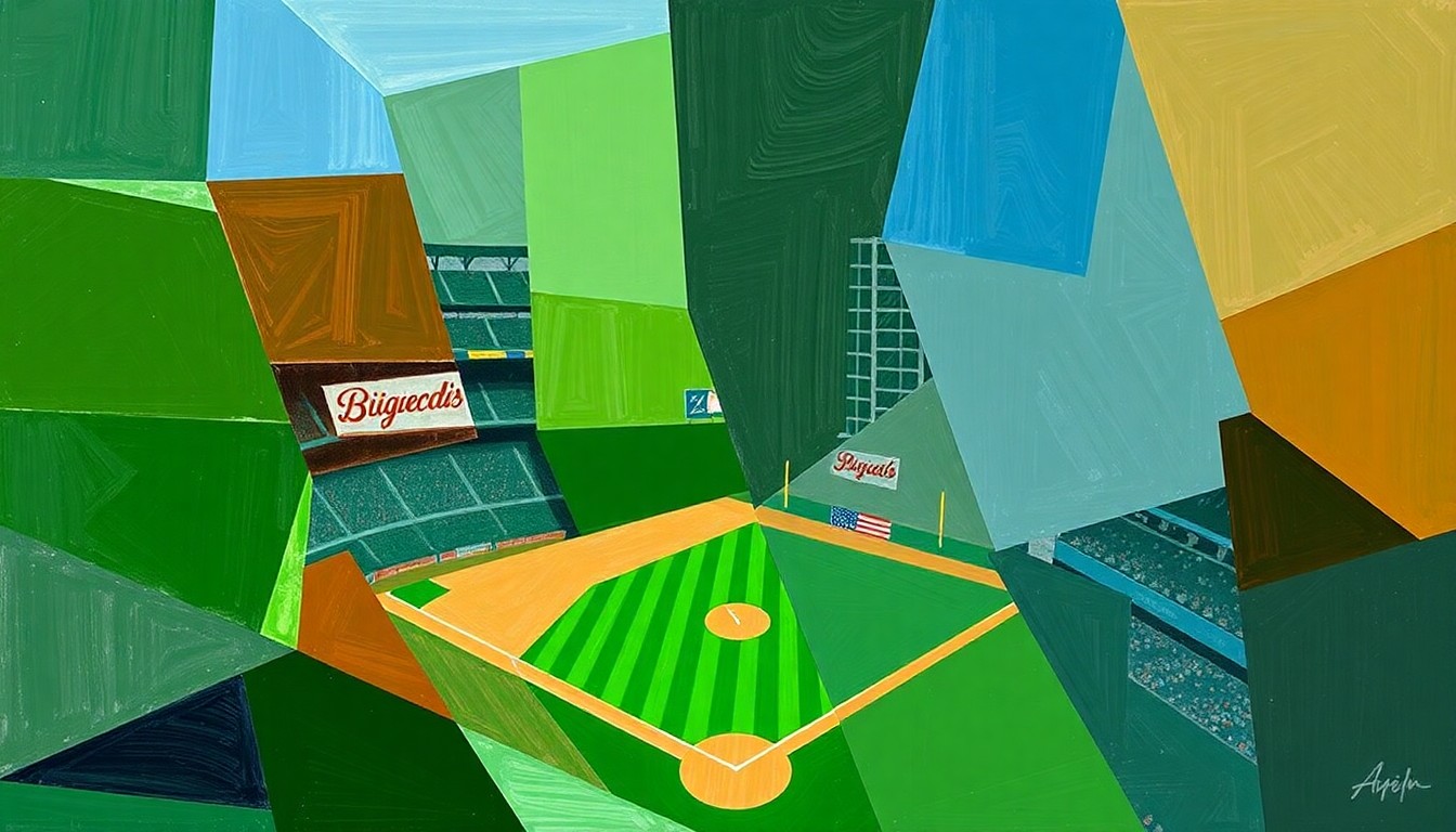A fragmented, geometric painting depicting a baseball game with sharp, overlapping planes of color representing the dynamic action on the field.