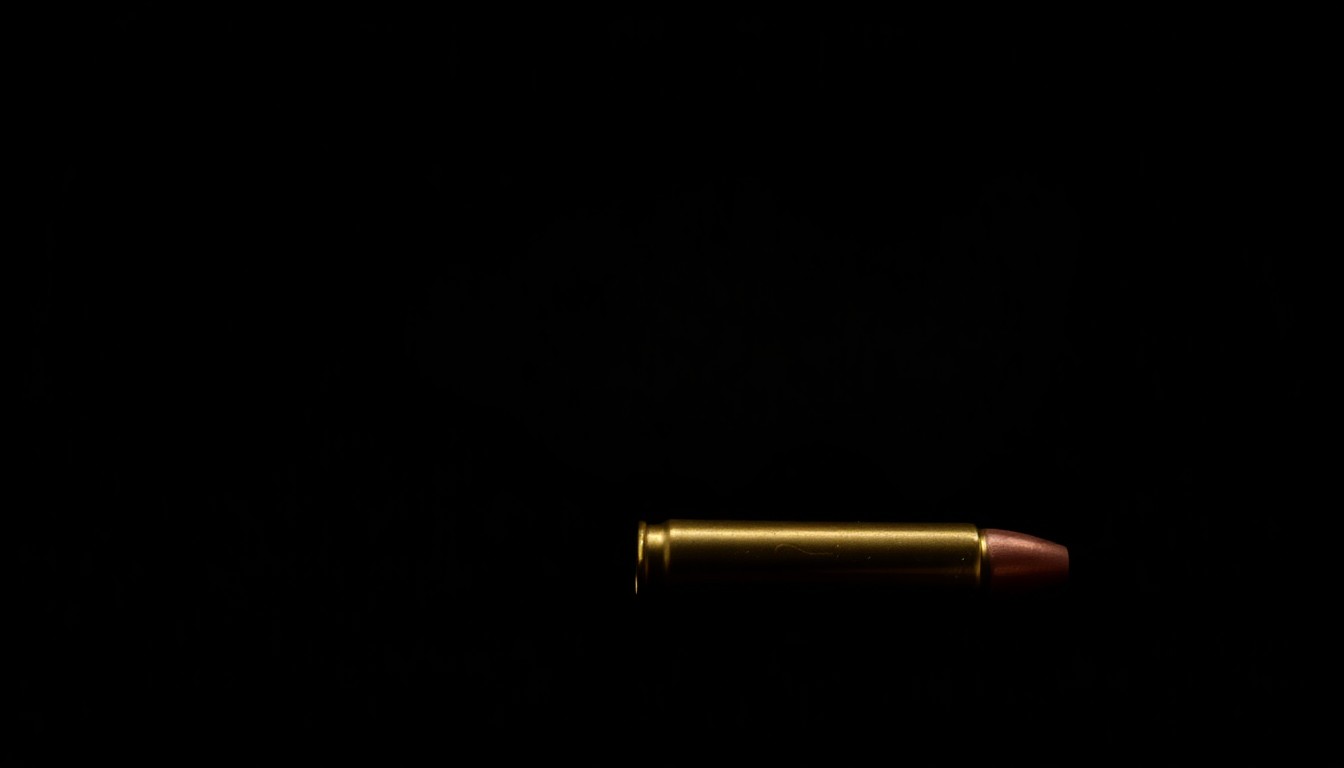 An extreme close-up photograph of a single bullet casing on a dark background, lit by a harsh, direct camera flash, conceptually illustrating the serious nature of the crimes committed.