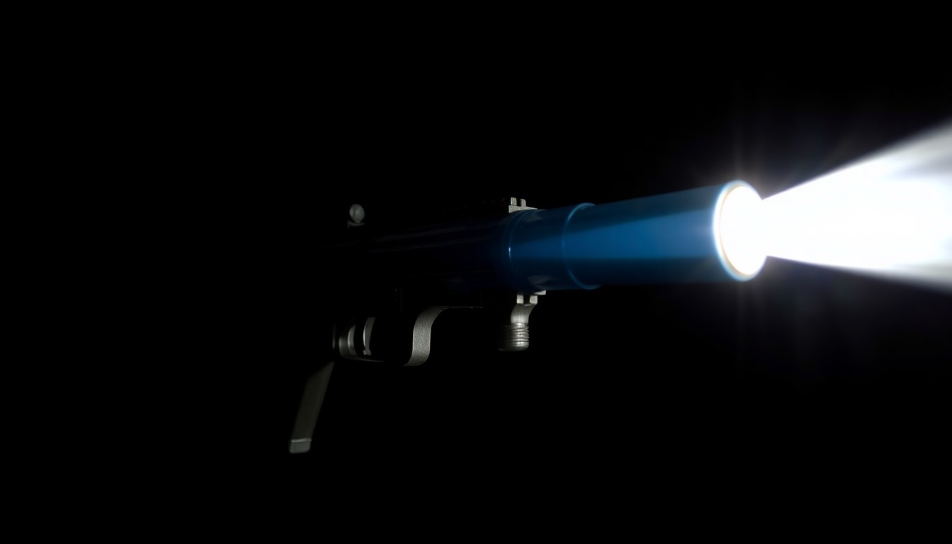 An extreme close-up photograph of a realistic-looking water gun against a pitch-black background, lit by a harsh, direct camera flash, conceptually illustrating the dangers of these toy firearms being mistaken for real weapons.