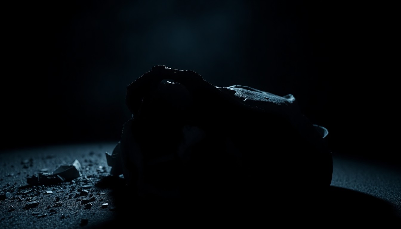 An extreme close-up of a twisted, blackened car part reflecting the harsh light of a camera flash, conceptually illustrating the grim aftermath of a fatal vehicle collision.