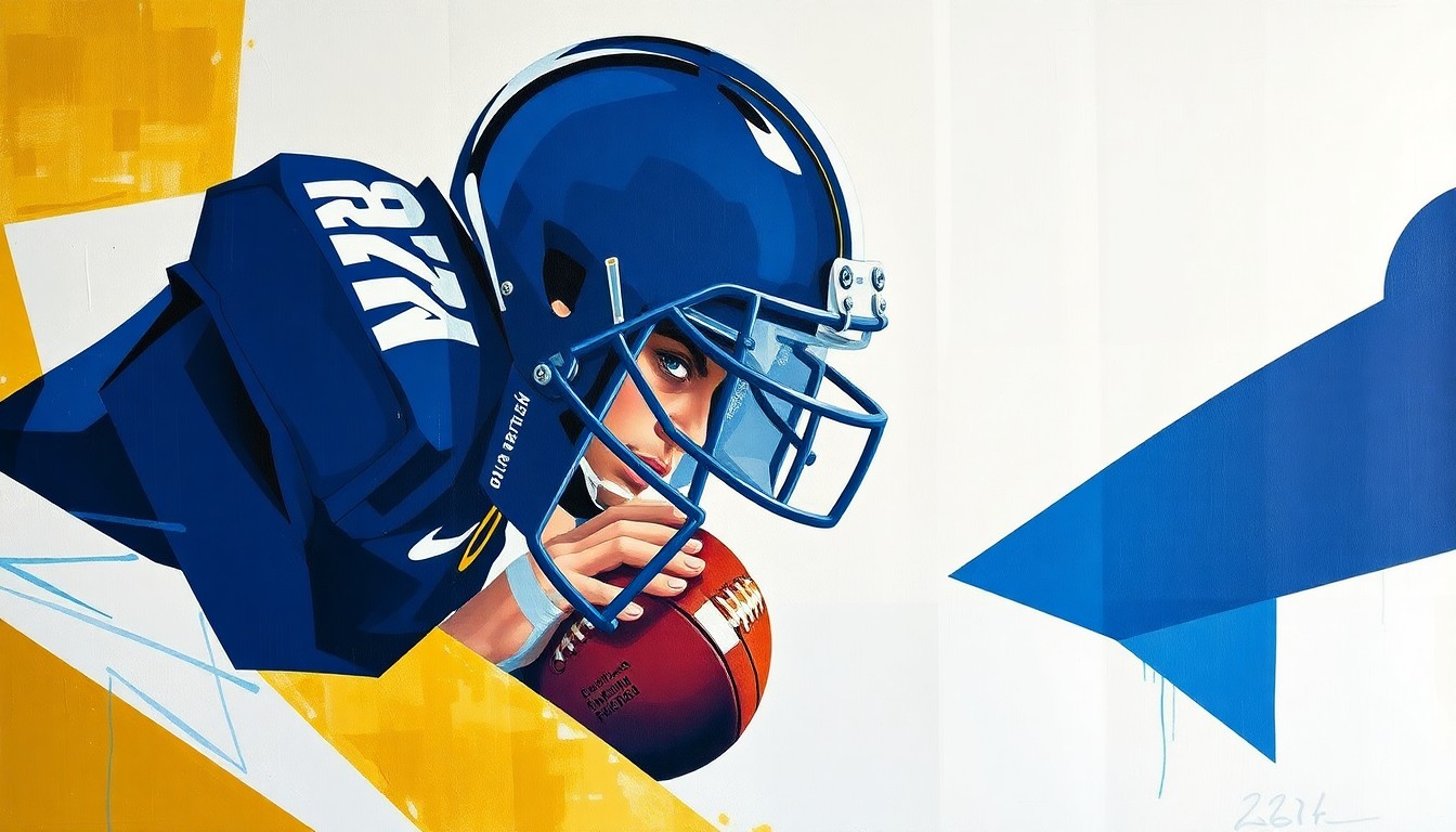 A cubist, geometric painting depicting a fragmented football offensive line and quarterback, with sharp, overlapping planes in navy blue, powder blue, and gold colors, conveying the Chargers' need to rebuild their protection for Justin Herbert.