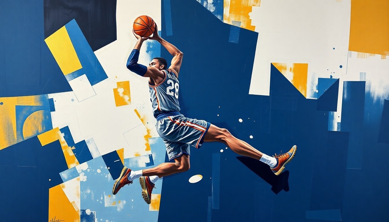 A fragmented, cubist-style painting depicting a basketball player's movements and actions broken down into sharp, overlapping geometric shapes and planes in shades of navy blue, gold, and white.