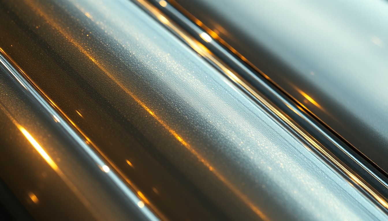 An abstract close-up photograph featuring dramatic, high-contrast metallic textures in shimmering silver and gold, evoking the sleek, high-tech aesthetic of fighter jets and the glamour of Hollywood blockbusters.