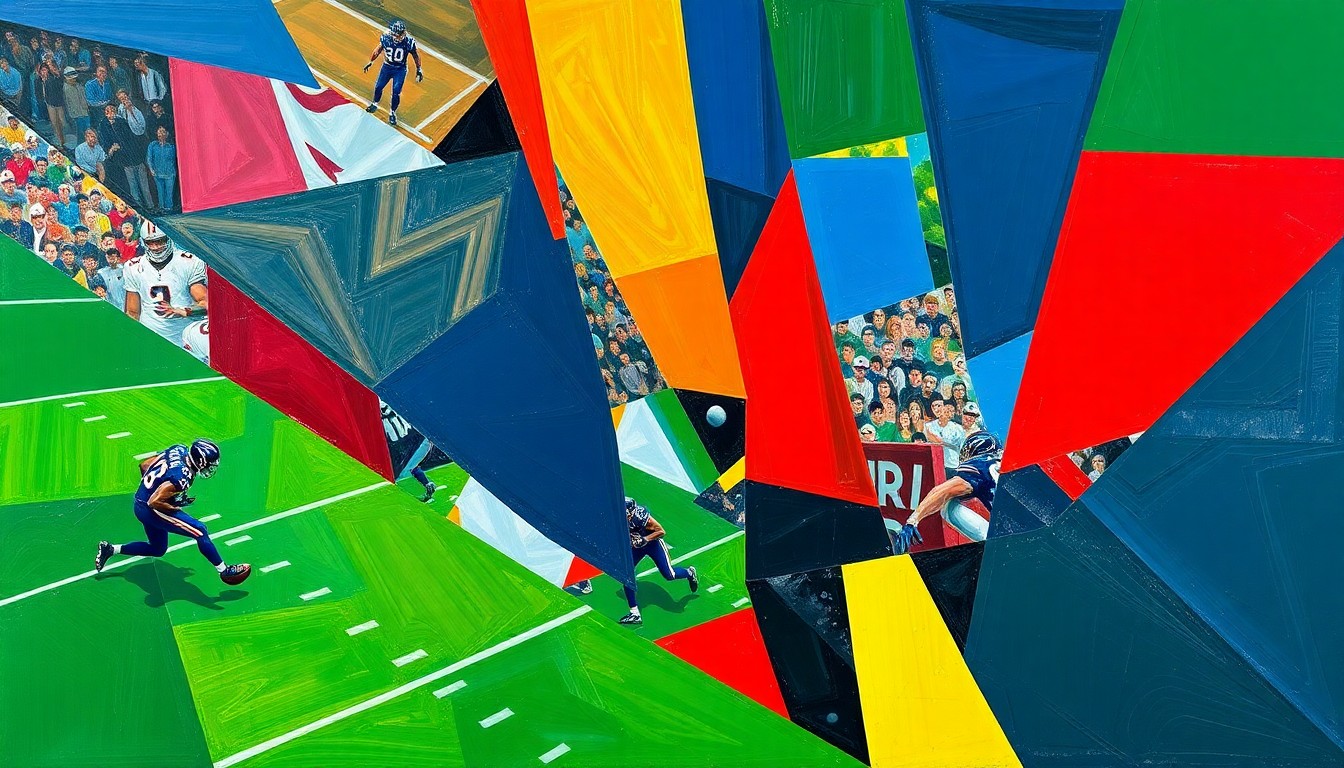 A cubist, geometric painting depicting fragmented, overlapping shapes and planes in shades of blue, red, and green, conceptually representing the top college football programs that produce the most NFL draft picks.