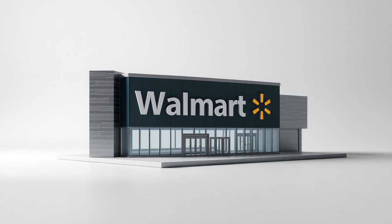 A highly detailed, photorealistic studio still-life image of a polished, geometric model of a Walmart Supercenter building, placed on a clean, monochromatic background and lit with dramatic studio lighting to conceptually represent the abstract ideas of urban planning and commercial development.
