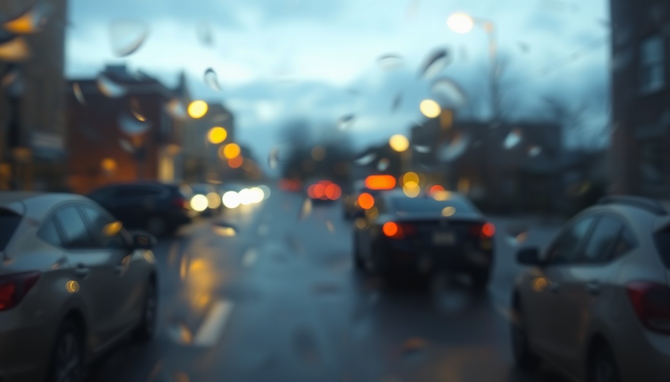 An abstract, impressionistic photograph of a blurred city street at night, with the faint outlines of parked cars and street lamps visible through a hazy, condensation-streaked lens, conveying a sense of frustration and inconvenience with the parking ticket dispute process.