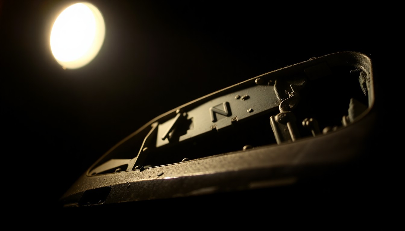 An extreme close-up photograph of a car part or piece of evidence recovered from the Columbia River, lit by a harsh, direct camera flash against a pitch-black background, conceptually representing the investigation into the Martin family's disappearance.
