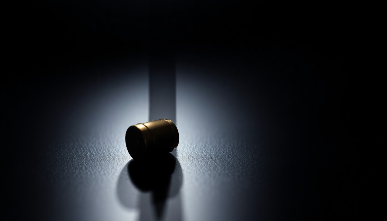 An extreme close-up of a single bullet casing on a dark surface, lit by a harsh, direct camera flash, conceptually representing the gritty, investigative nature of this crime story.