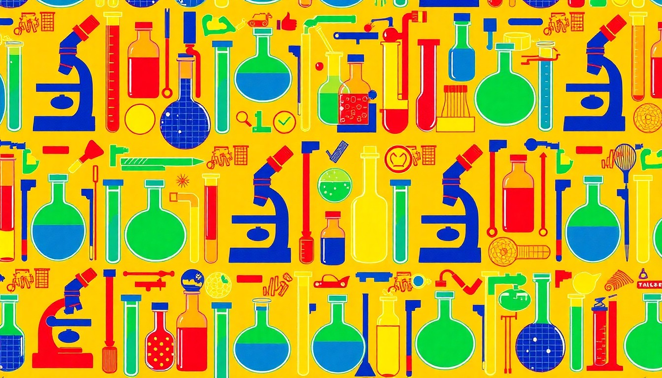 A vibrant, pop art-inspired illustration featuring a repeating grid of scientific equipment and laboratory tools, conceptually representing the diverse array of student research projects highlighted at the University of Nebraska at Kearney's annual event.
