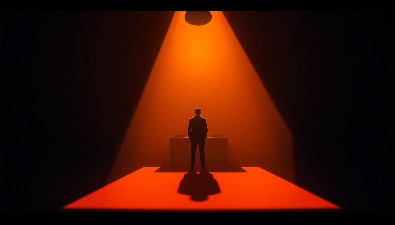 A solitary figure of a politician standing alone in a dimly lit government office, with warm sunlight casting dramatic shadows across the room, evoking a sense of quiet contemplation and the weight of public office.