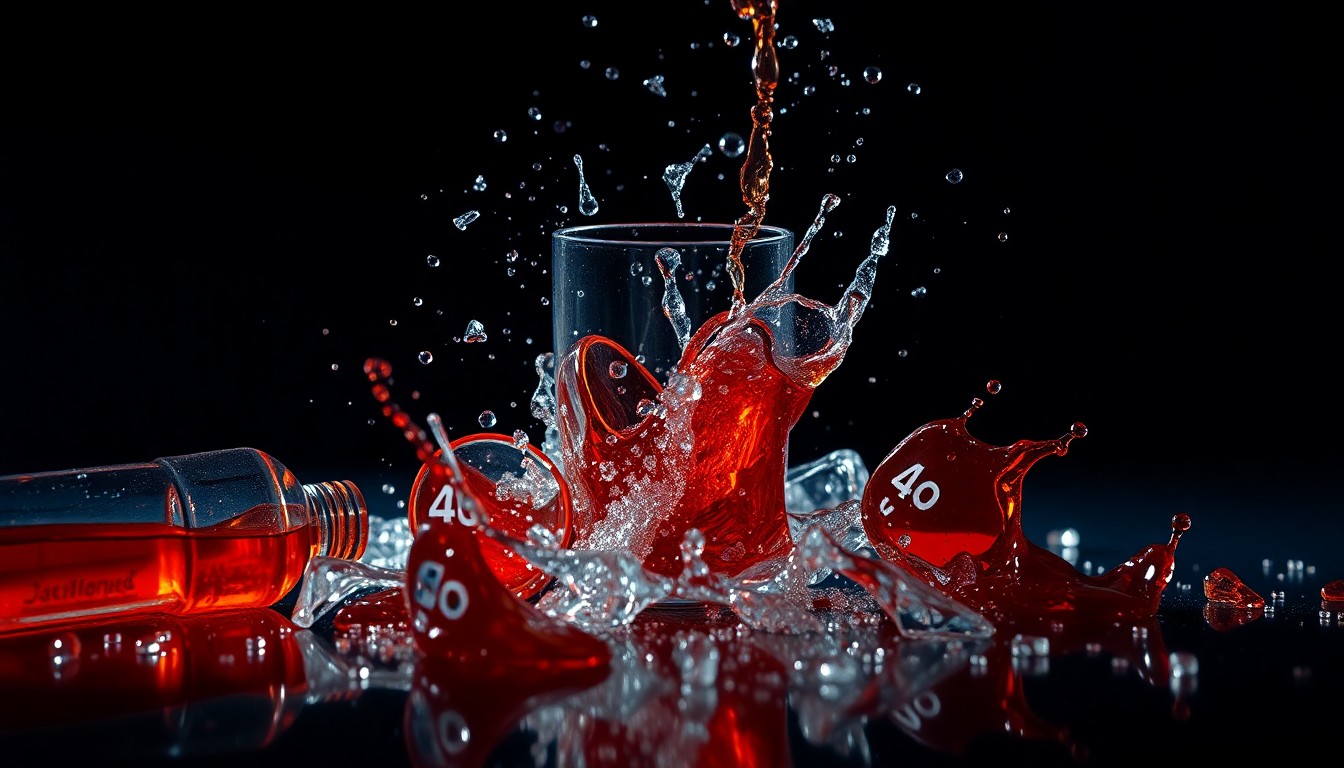 An abstract close-up image of shattered glass and spilled liquids, captured in dramatic high-contrast studio lighting to convey the glamour and excess of influencer culture.