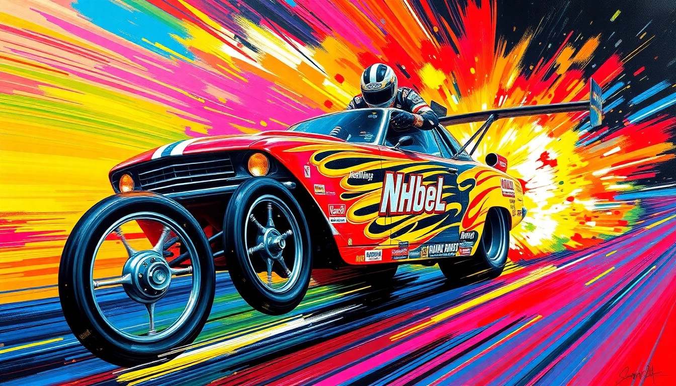 An abstract, expressionist painting featuring bold, energetic brushstrokes in neon colors that evoke the raw power and velocity of NHRA drag racing.