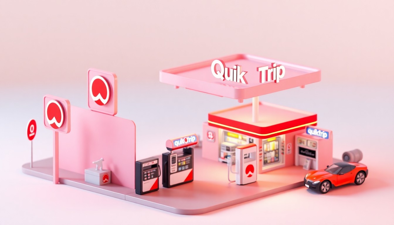 A stylized 3D digital illustration of a modern, pastel-colored gas station and convenience store with bold geometric shapes, soft lighting, and a clean, editorial composition, representing the proposed QuikTrip location in Algonquin.