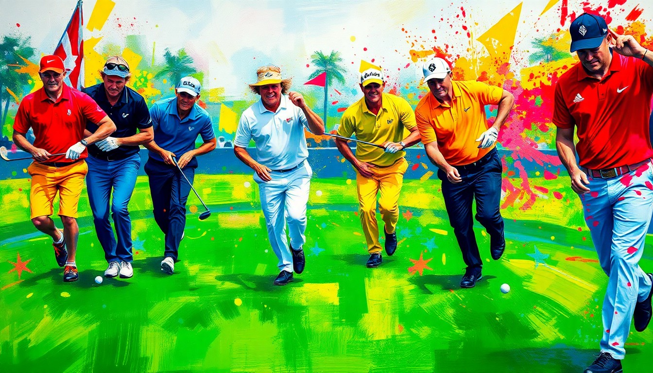 An abstract, expressionist painting in vibrant neon colors depicting the dynamic motion and energy of golfers on a putting green, with faces and details dissolved into unrecognizable brushstrokes.