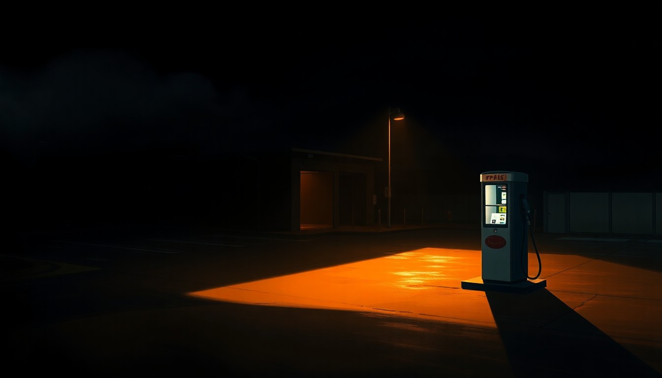 A photorealistic painting of a lone gas pump in a dimly lit urban setting, with warm sunlight casting dramatic shadows across the scene, conceptually representing the tensions between political discourse and consumer experiences around high gas prices.