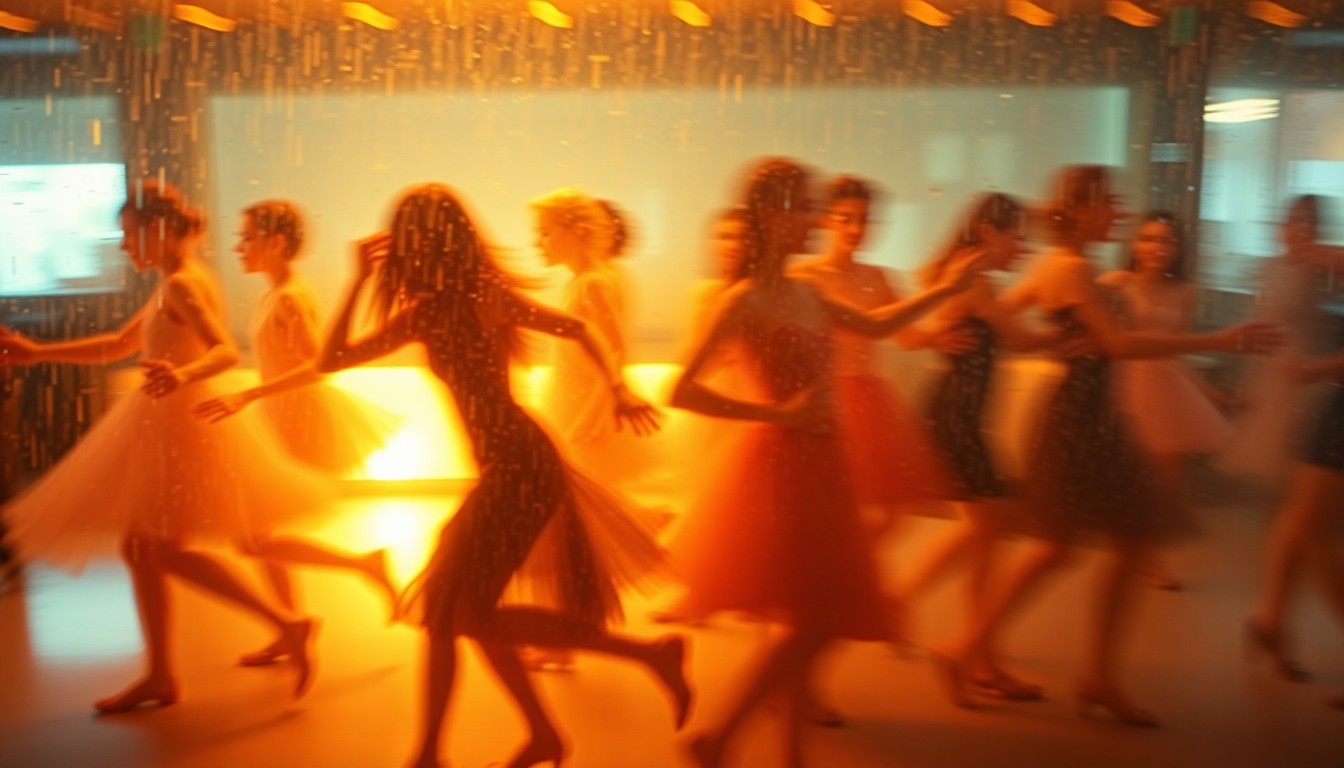 An abstract, impressionistic scene of blurred, colorful figures moving gracefully, conveying the passion and emotion of dance.