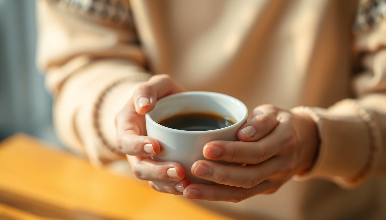 A close-up photograph of a person's hands holding a steaming cup of coffee, the edges of the frame blurred into soft, abstract shapes and colors, conveying a sense of introspection and personal growth.