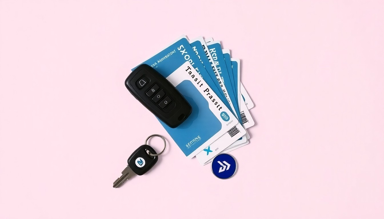 A high-end, photorealistic studio still-life photograph featuring a stack of transit passes, a set of car keys, and a DART logo pin on a clean, monochromatic seamless background, conceptually representing the abstract challenges of public transportation leadership and governance.