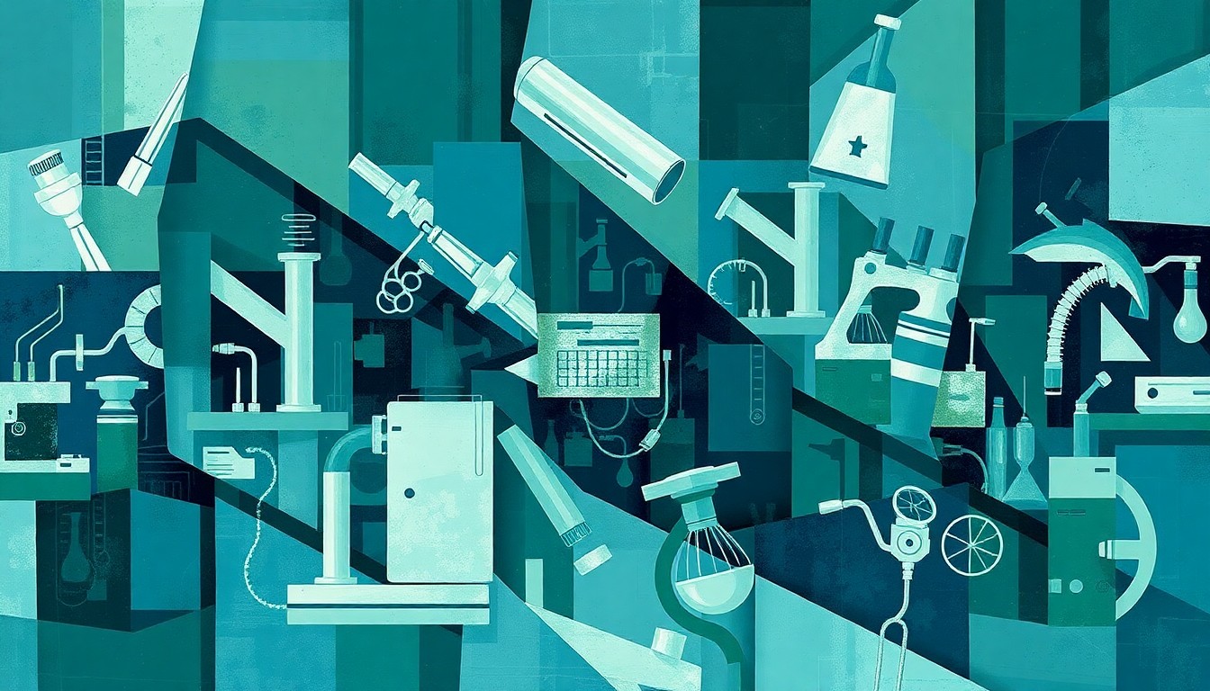 A dynamic, abstract painting of laboratory equipment and tools in motion, with overlapping geometric shapes and waves of deep blue, green, and gray colors, conveying a sense of mystery and unease around the recent loss of prominent government scientists.
