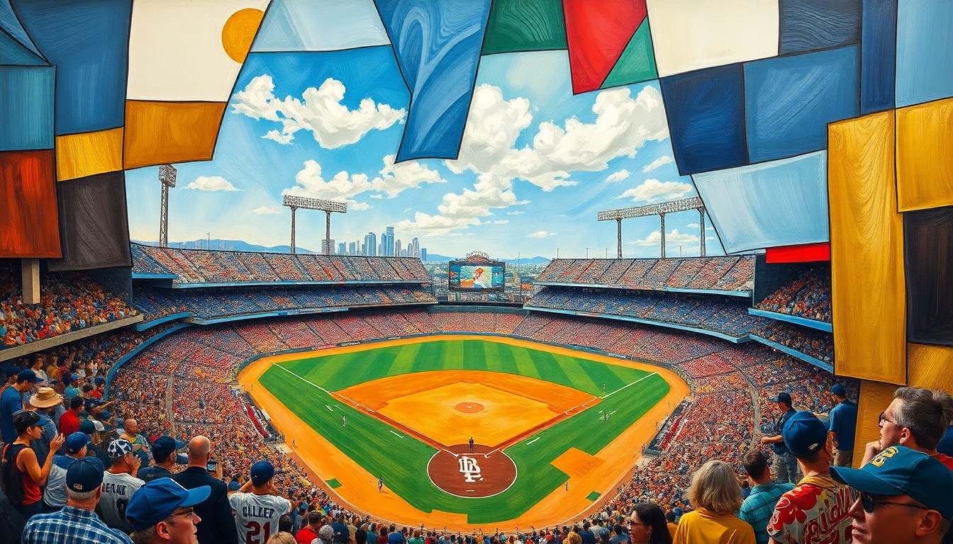 A cubist, geometric painting depicting a fractured, multi-perspective view of a baseball stadium, fans, and the surrounding cityscape in vibrant shades of blue, red, and gold, conceptually representing the complex issues surrounding the new Royals stadium project.