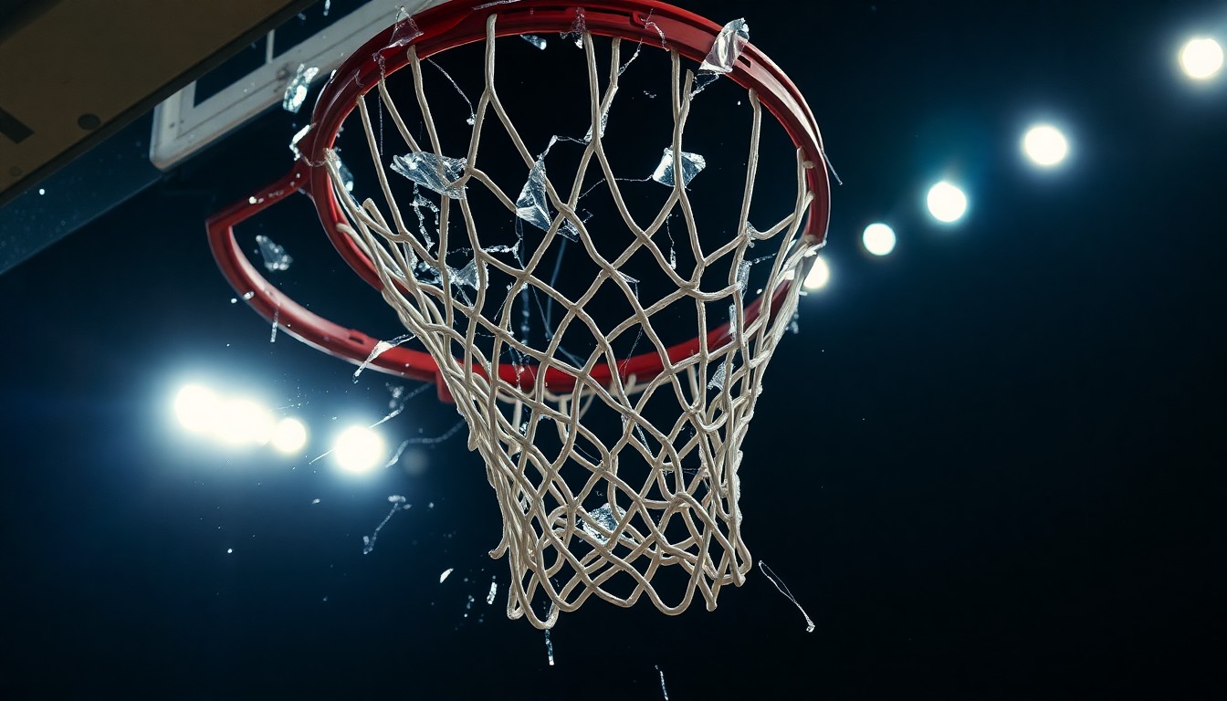 An extreme close-up of a shattered basketball backboard, captured in dramatic, high-contrast studio lighting to create a sense of tension and intensity, conceptually representing the high-stakes world of professional sports.
